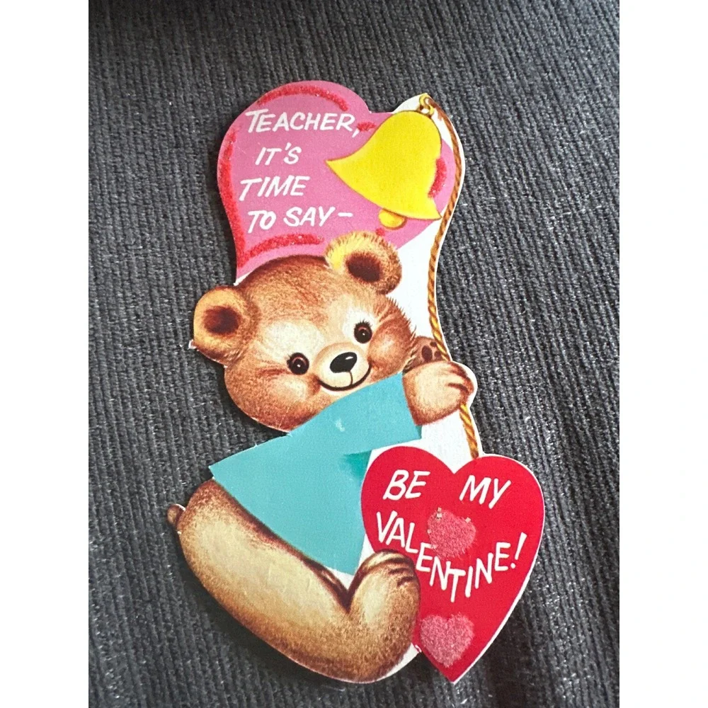 Vintage Hallmark Teacher Valentine Cards‎ Puppy Bear Die Cut Ephemera Lot of 2